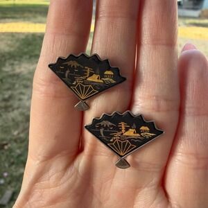 Vintage Japanese Damascene Fan Earrings Silver Mount Fuji Amita MCM Screw On
